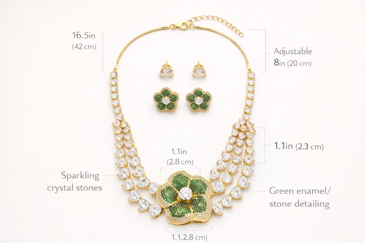 Jewelry set with necklace and earrings featuring green enamel and crystal stones, with measurements displayed.