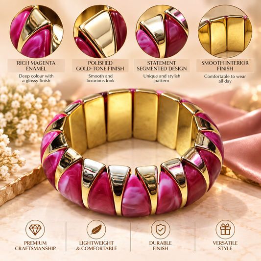 Zarini Hot Pink Marbled Statement Bangle for Women | Gold-Tone Elegant Bracelet