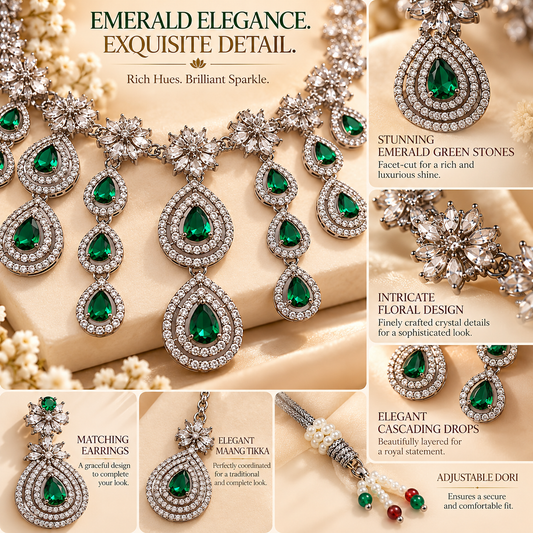 Zarini Emerald Green Crystal Bridal Necklace Set with Earrings & Maang Tikka | Silver-Tone Jewellery
