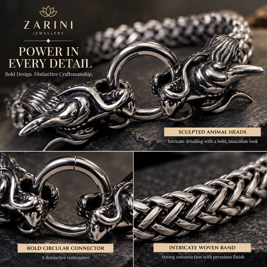 Zarini Silver-plated Twin Dragon Head Bracelet for Men | Bold Statement Jewellery