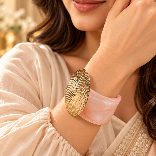 Zarini Pink Marble Gold-Tone Cuff Bracelet for Women | Textured Statement Kada