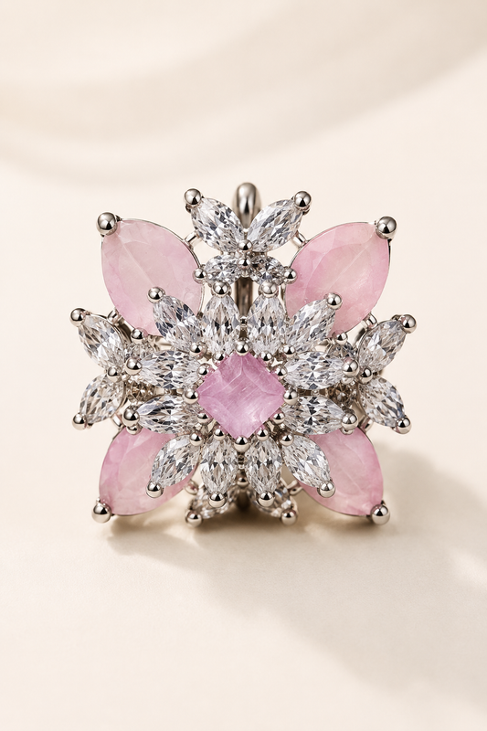 ZARINI Blush Blossom Silver-Toned Floral Statement Ring