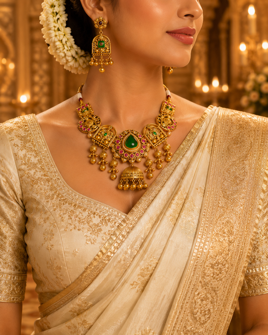 Zarini  Antique Temple Kundan Necklace Set