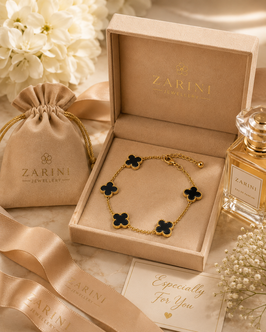 Zarini Black Clover Bracelet – Gold Plated Anti-Tarnish Elegance