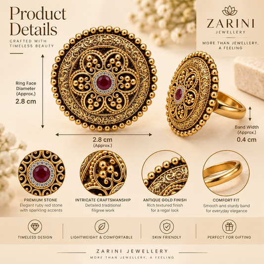 Zarini Gold Plated Ruby Statement Ring | Ornate Designer Cocktail Ring