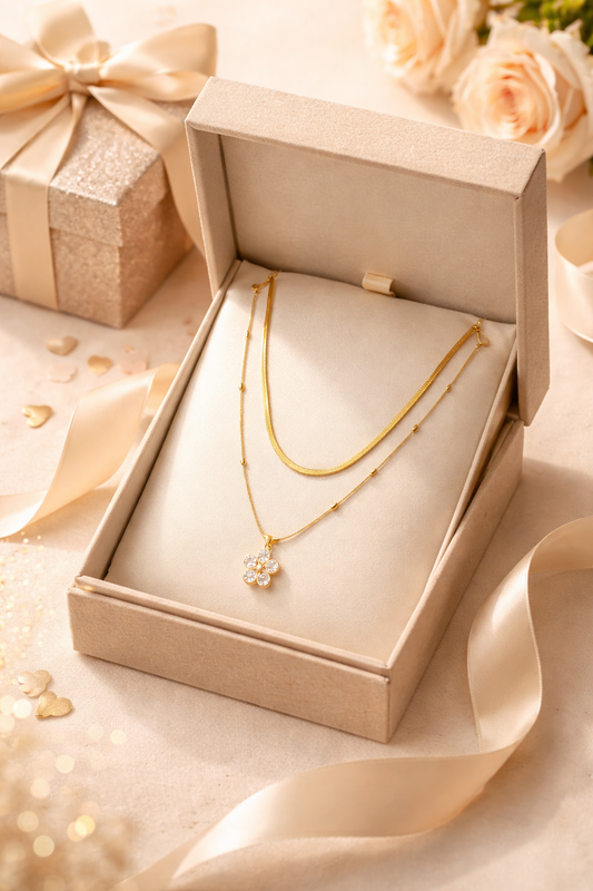 Layered Necklace With Floral Crystal Pendant