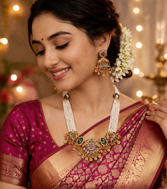 Zarini  Royal Pearl Temple Necklace Set