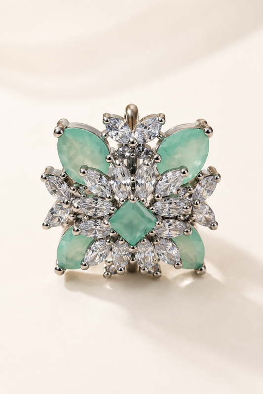 ZARINI Mint Blossom Silver-Toned Floral Statement Ring