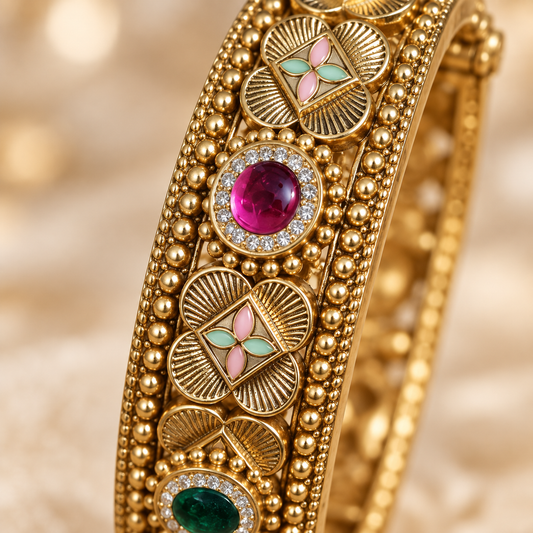 Zarini Gold-Toned Floral Kada Bangles with Pink & Mint Enamel and Coloured Stones – Set of 2