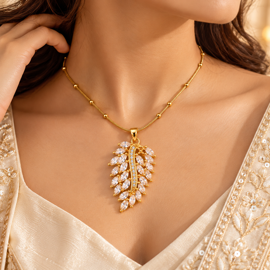 Zarini Gold-Tone Crystal Leaf Pendant Necklace for Women | Elegant Statement Pendant