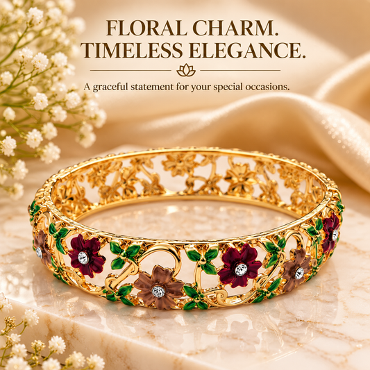 Zarini Gold-Tone Floral Enamel Bangle for Women | Multicolour Statement Bracelet