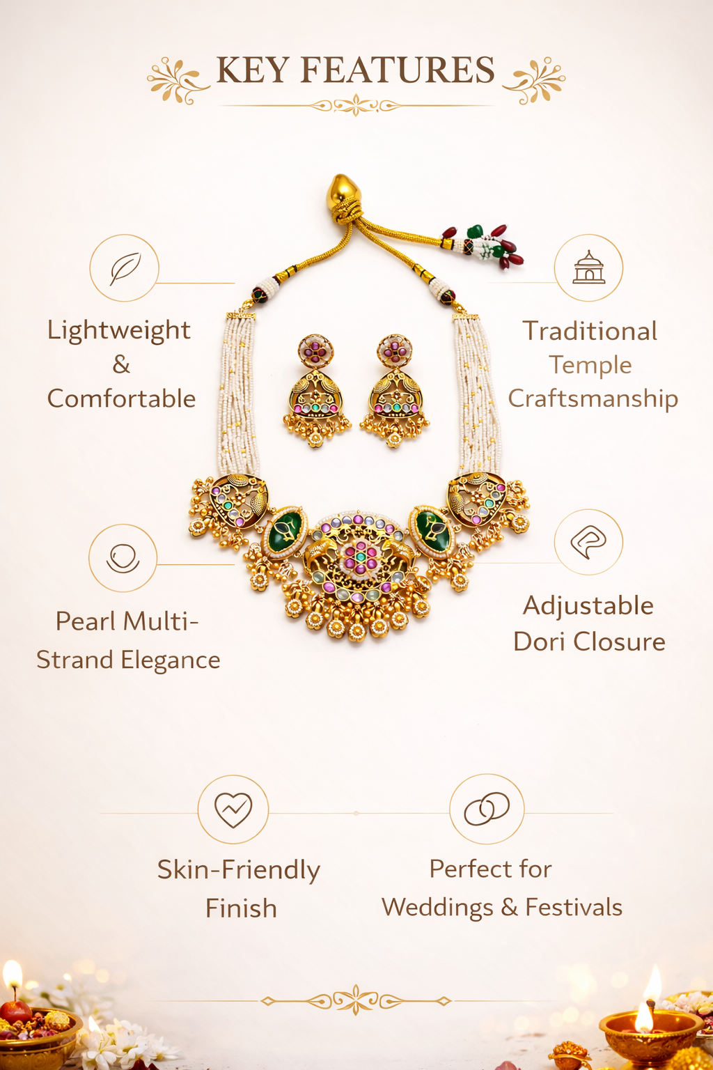 Zarini  Royal Pearl Temple Necklace Set