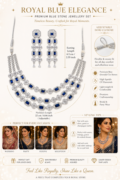 Zarini Royal Sapphire Crystal Layered Necklace Set with Statement Earrings