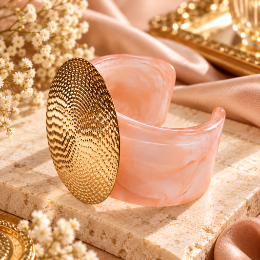 Zarini Pink Marble Gold-Tone Cuff Bracelet for Women | Textured Statement Kada