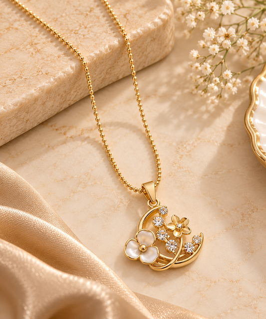 Zarini Gold-Toned Floral Crystal Pendant Necklace with Pearl-Finish Petals