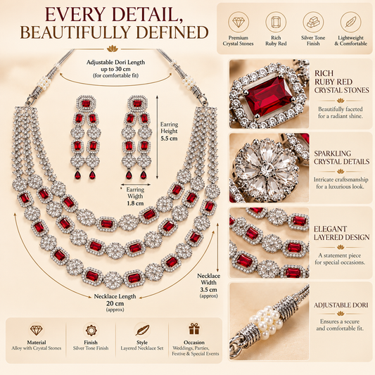 Zarini Ruby Red Crystal Layered Necklace Set with Earrings | Silver-Tone Party Wear Jewellery