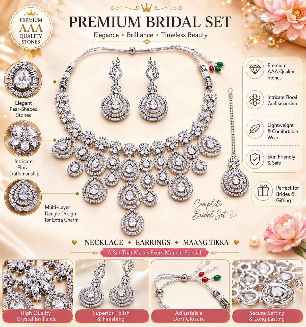 Zarini Royale Crystal Teardrop Bridal Necklace Set with Earrings & Maang Tikka
