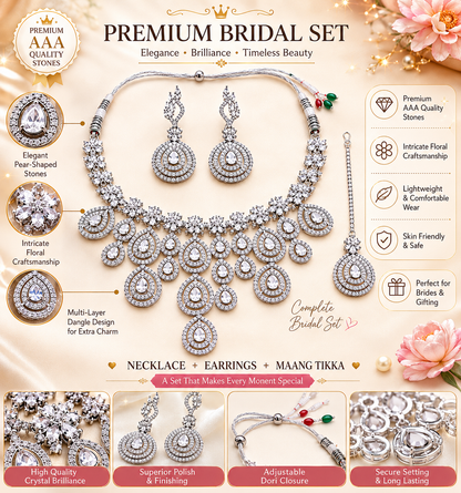 Zarini Royale Crystal Teardrop Bridal Necklace Set with Earrings & Maang Tikka