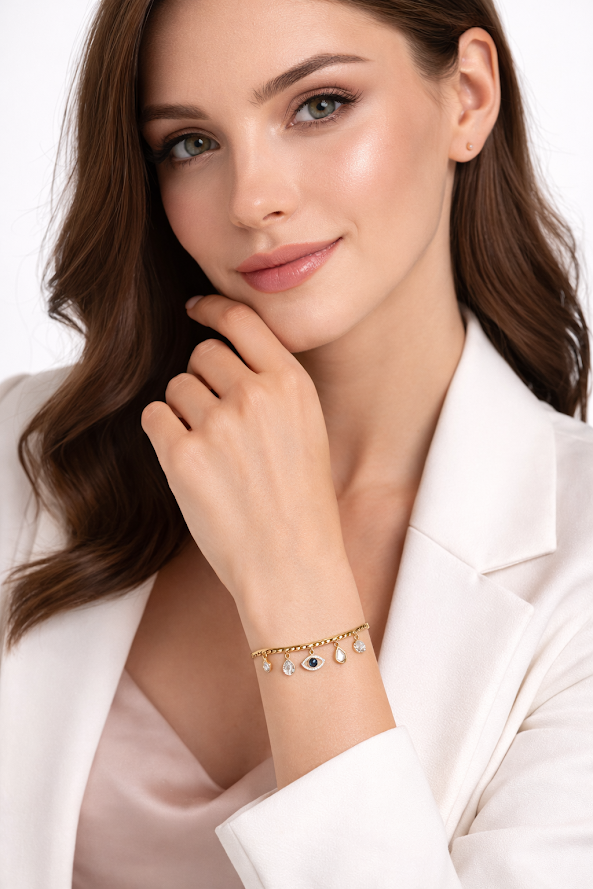 Gold Plated Evil Eye Charm Bracelet – Anti-Tarnish CZ Studded Design