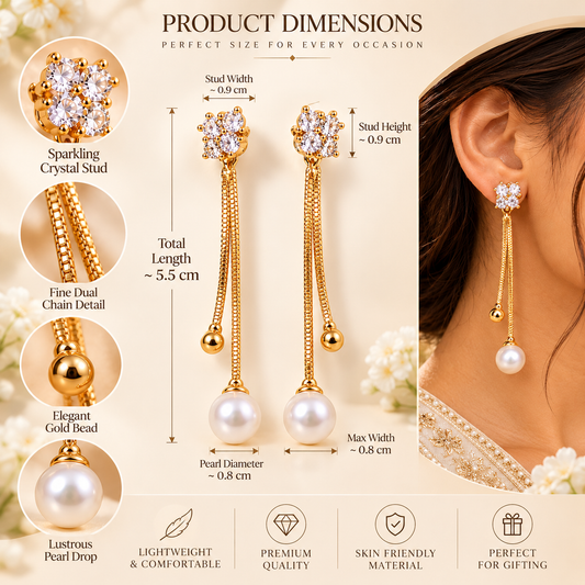 Zarini Gold-Tone Pearl Drop Earrings with Crystal Studs | Elegant Chain Dangle Earrings