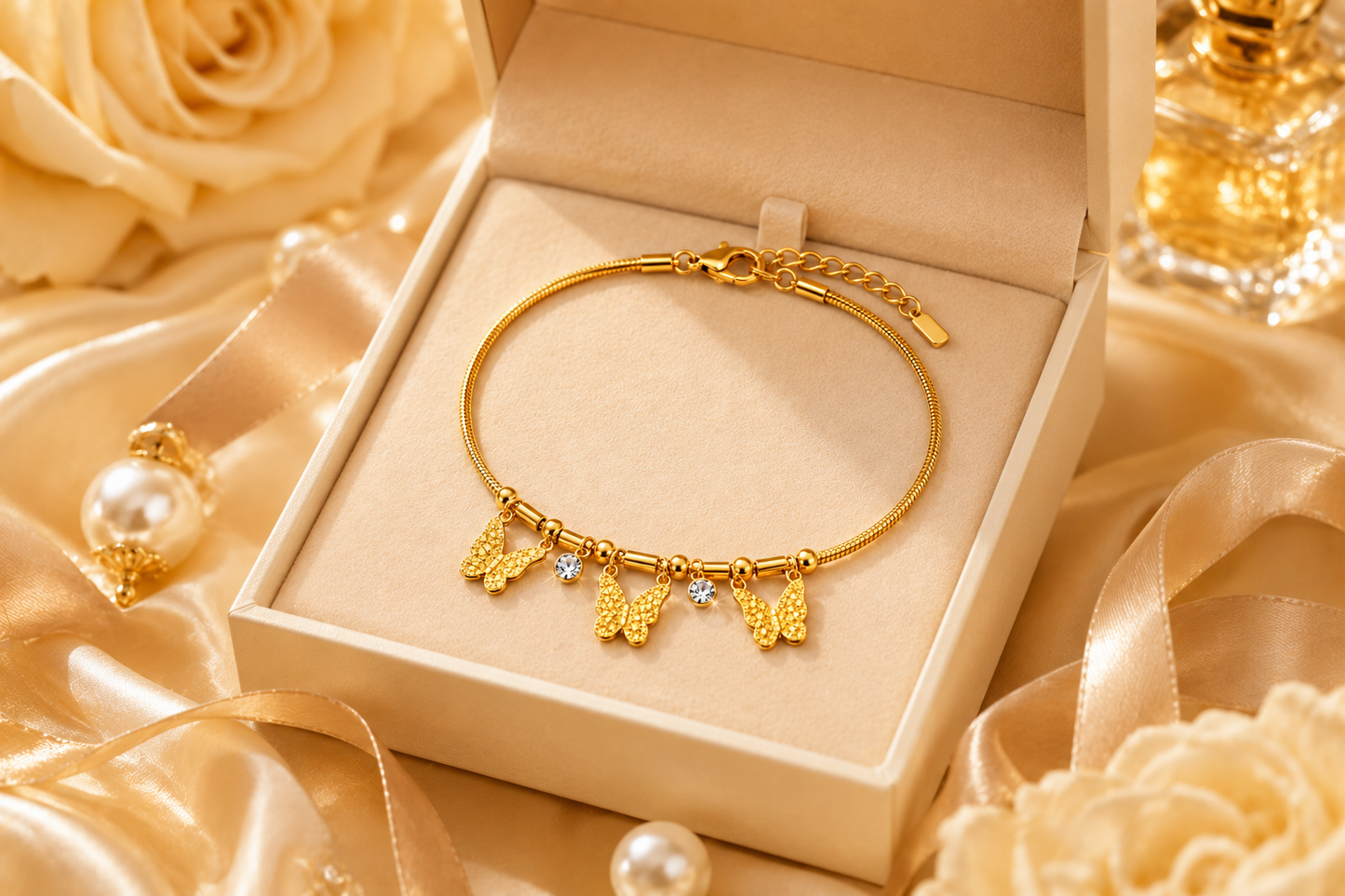 Gold Plated Butterfly Charm Bracelet with Crystal Drops – Anti-Tarnish Finish