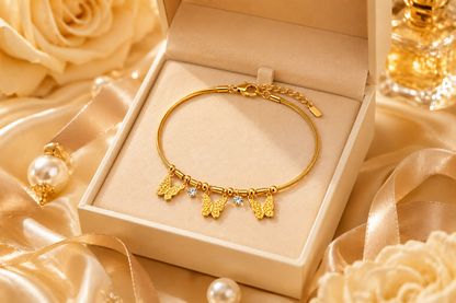 Gold Plated Butterfly Charm Bracelet with Crystal Drops – Anti-Tarnish Finish