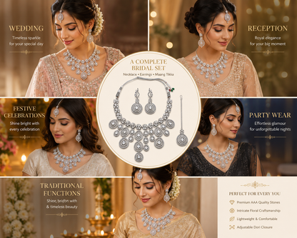 Zarini Royale Crystal Teardrop Bridal Necklace Set with Earrings & Maang Tikka