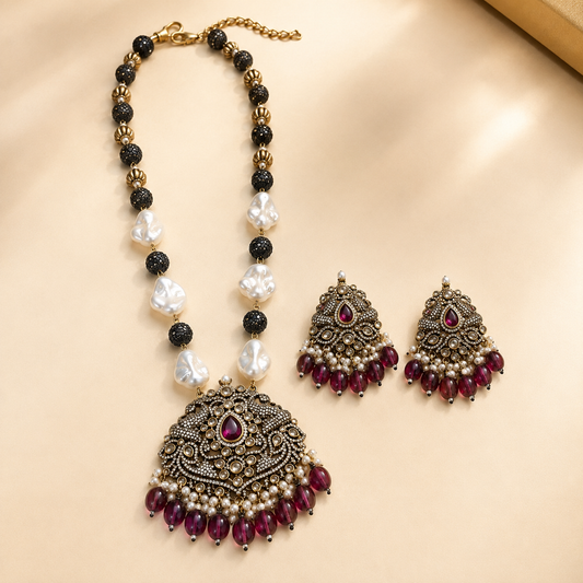 Zarini Ruhaani Ruby Baroque Pearl Long Necklace Set