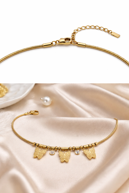 Gold Plated Butterfly Charm Bracelet with Crystal Drops – Anti-Tarnish Finish