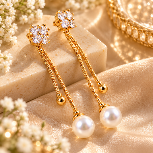 Zarini Gold-Tone Pearl Drop Earrings with Crystal Studs | Elegant Chain Dangle Earrings