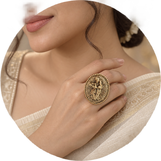 Zarini Gold plated Radha Krishna Statement Ring | Temple Jewellery Ring