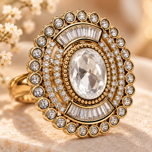 Zarini Gold Plated white Mossanite Statement Ring | Designer Cocktail Ring