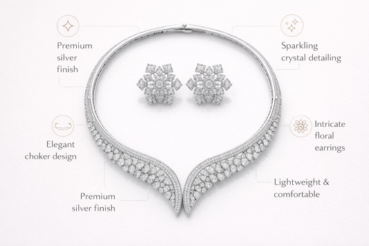 Silver jewelry set with choker and earrings on a white background