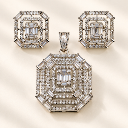 ZARINI Regal Radiance Silver-Toned Geometric Pendant Set