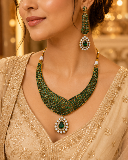Zarini Meher Emerald Crystal Bridal Necklace Set