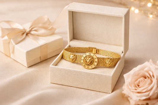 18K Gold Plated Lion Medallion Bracelet Anti Tarnish Bold Statement Chain Showing Detailed Lion Engraving