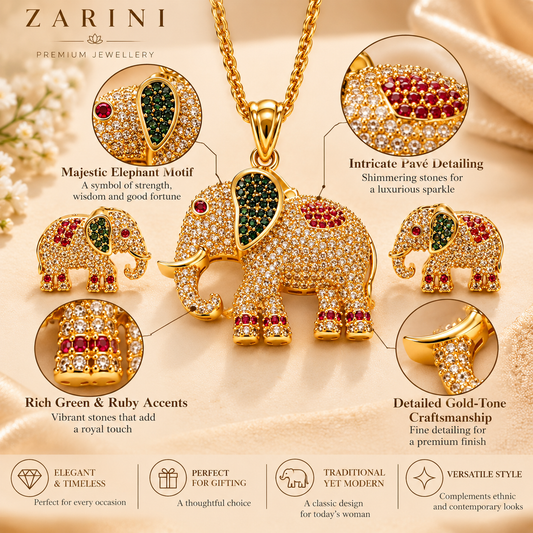 ZARINI Royal Gaj Gold-Toned Elephant Pendant Set