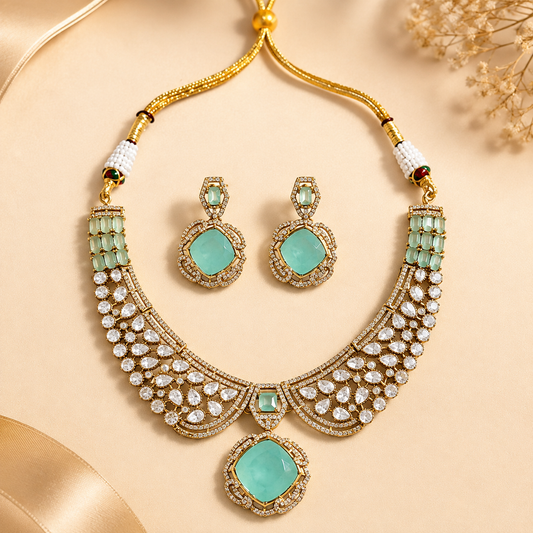 Zarini Aafreen Aqua Kundan Statement Necklace Set