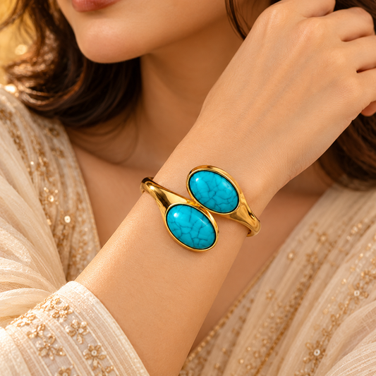 ZARINI Azure Duo Turquoise-Blue & Gold-Toned Hinged Bangle