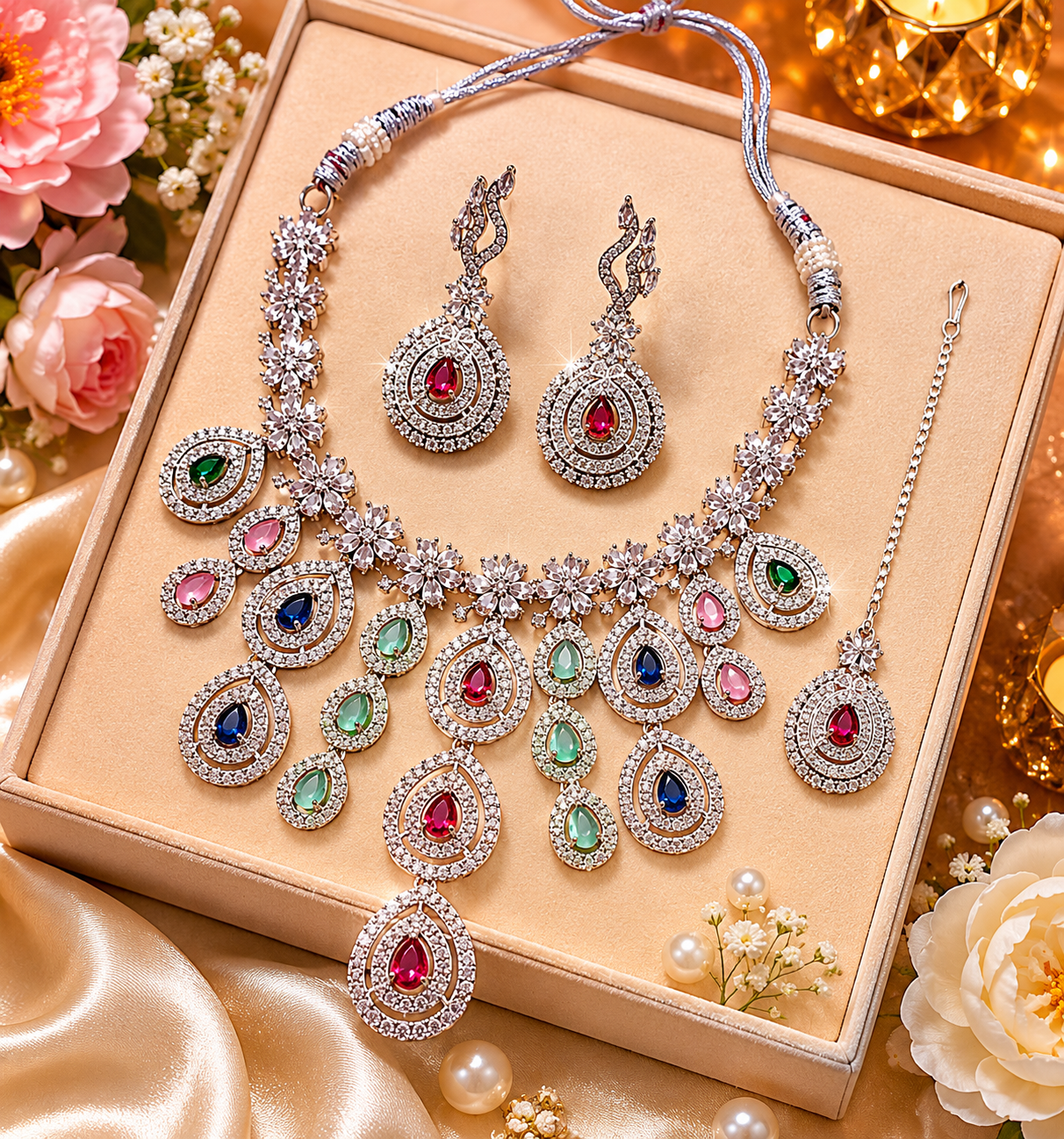 Zarini Royale Multicolor AD Stone Necklace Set with Earrings & Maang Tikka