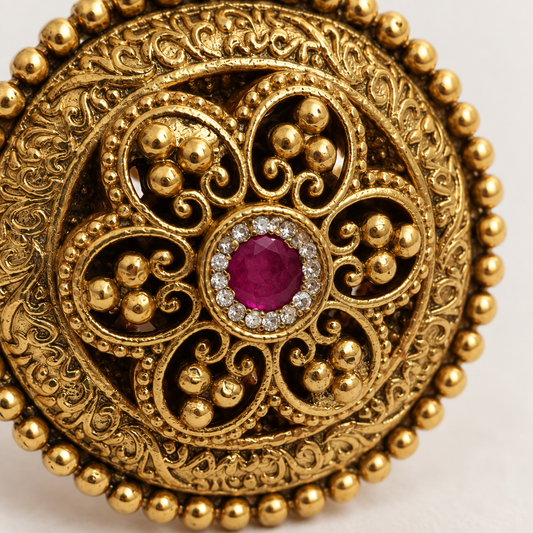 Zarini Gold plated Ruby Kundan Statement Ring | Traditional Designer Ring