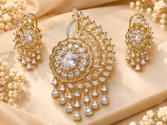ZARINI Floral Majesty Gold-Toned Pendant and Chandelier Earrings Set
