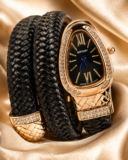 Zarini Luxe Crystal Black Woven Wrap Bracelet Watch for Women | Gold-Tone Designer Oval Dial