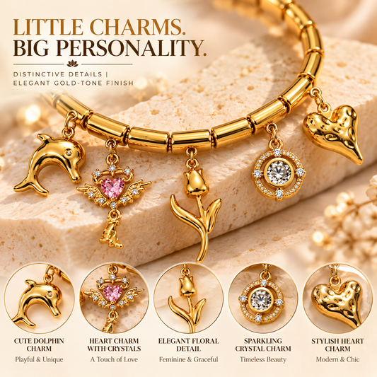 Zarini Gold-Tone Heart & Dolphin Charm Bracelet for Women | Crystal Charm Bracelet