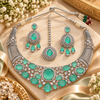Zarini Mint Green Stone Bridal Necklace Set with Earrings & Maang Tikka | Silver-Tone Wedding Jewellery