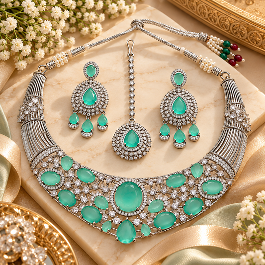 Zarini Mint Green Stone Bridal Necklace Set with Earrings & Maang Tikka | Silver-Tone Wedding Jewellery