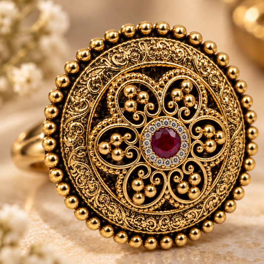 Zarini Gold Plated Ruby Statement Ring | Ornate Designer Cocktail Ring
