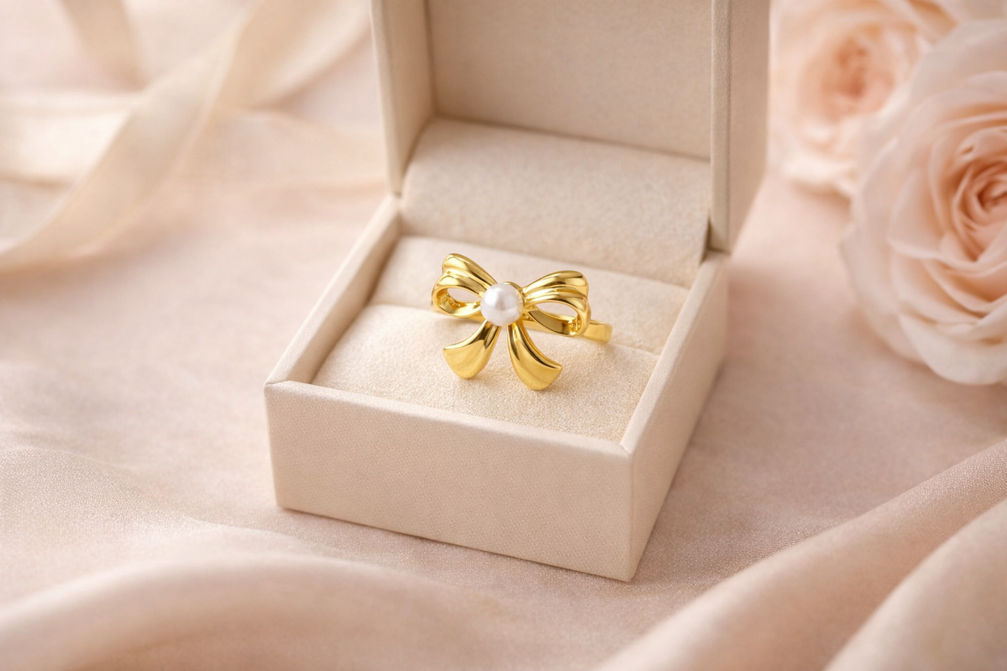 Zarini Gold-Plated Bow Ring – Anti-Tarnish Design with Central Faux Pearl