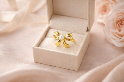 Zarini Gold-Plated Bow Ring – Anti-Tarnish Design with Central Faux Pearl