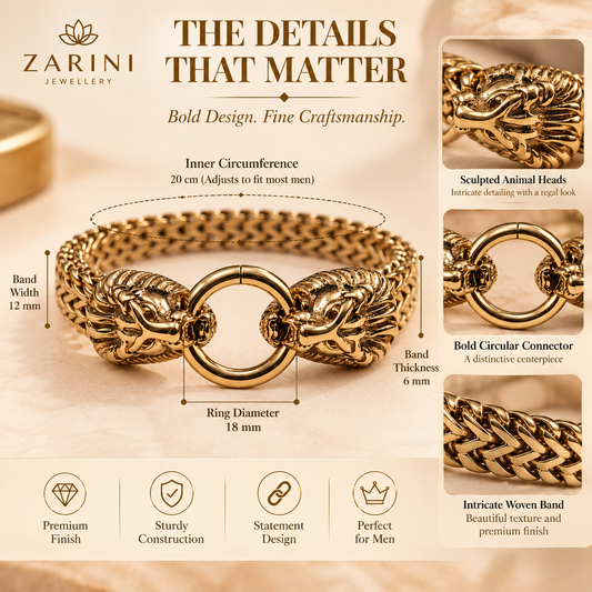 Zarini Gold-Tone lion Head Bracelet for Men | Regal Woven Chain Statement Jewellery